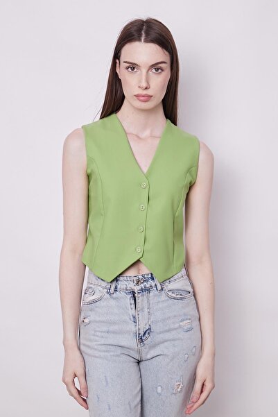 Jument V-Neck D-Buckle Lightweight Lycra Fabric Short Vest (Pants Are Separate 40057)-Pistachio Green