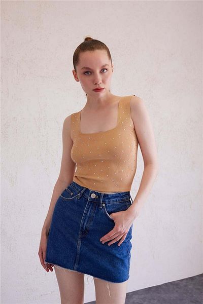Avrile Camel Stone Square Collar Women's Knitwear Undershirt