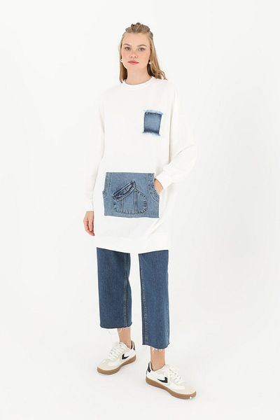 Puane Tunica de damă cu buzunar cangur din denim P10560