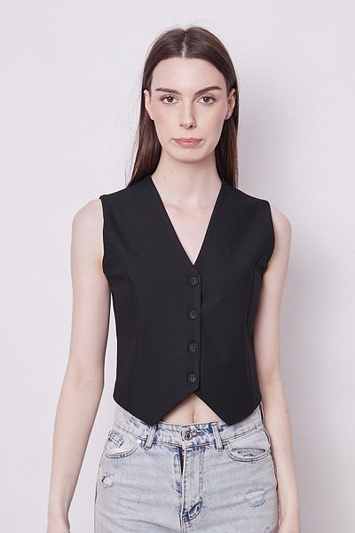 Jument Vestă scurtă din țesătură lycra ușoară cu decolteu în V cu cataramă în D (PANTALONI DISCRETE 40057)-negru