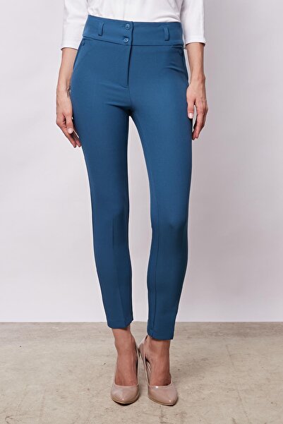 Jument Petrol Colored Ankle Length Lycra Fabric - Thick Belt and Ornamental Pocket Trousers