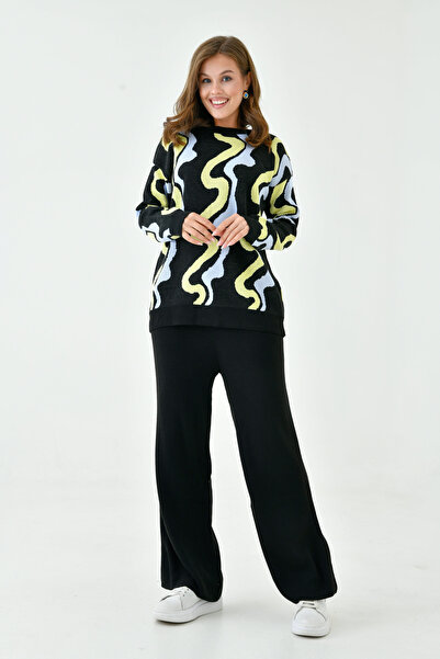 WOMAN VISION قماش تريكو أسود - طقم سترة وبنطلون كبير الحجم 0259