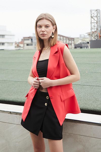 Jument Women's Collared Pocket Covered Lightweight Lycra Woven Fabric Oversize Blazer Vest-Coral