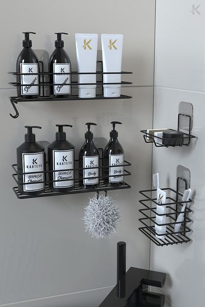 KARTEYA Stainless Adhesive Black Metal Bathroom Shelf Organizer Set of 4 Shower Shelf with Hooks Soap Dish Rack