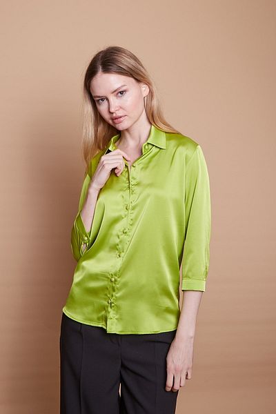 Jument Cămașă de birou elegantă, guler din țesătură din satin, mânecă capri - verde ulei