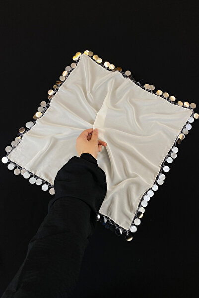 ZEYMERADE Büyük Boy Şifon Halay Mendili, 50x50cm Krem Gümüş 5 Adet, Gelin Dam...