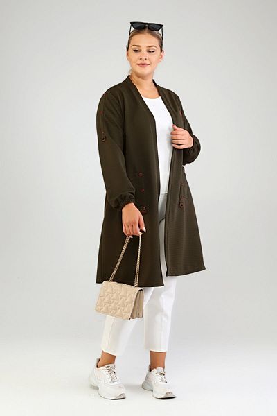 Ferace Women's Large Size Organ Cardigan Steel Ottoman Khaki