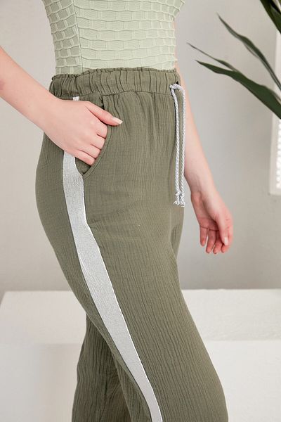 Alışveriş Sokağı Linen Trousers with Pockets and Lace-up Side Stripe Design