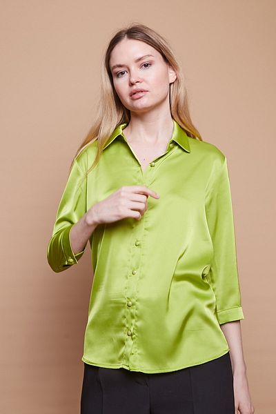 Jument Cămașă de birou elegantă, guler din țesătură din satin, mânecă capri - verde ulei