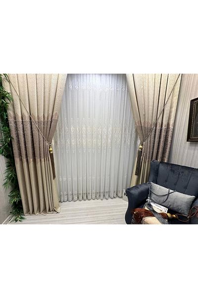 NİVEMESHOME Nivemeshome - Harbiye Gold Detailed, 1/3 Tight Pleated Tulle Curtain
