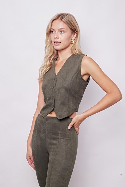 Jument Velvet Lycra V-neck Soft Vest with Adjustable Back and D Buckle - Khaki