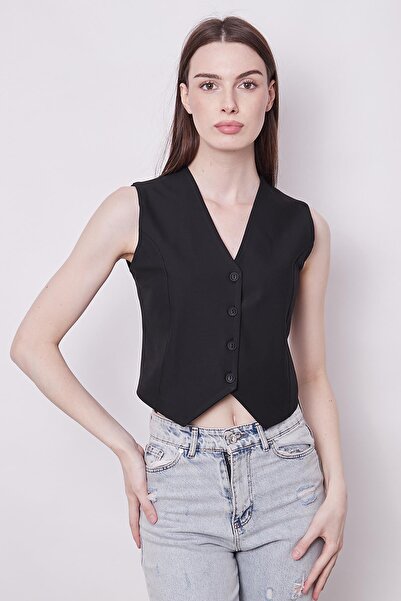 Jument Κοντό γιλέκο από ελαφρύ ύφασμα Lycra με λαιμόκοψη σε σχήμα V και αγκράφα (Το παντελόνι είναι χωριστό 40057)-Μαύρο
