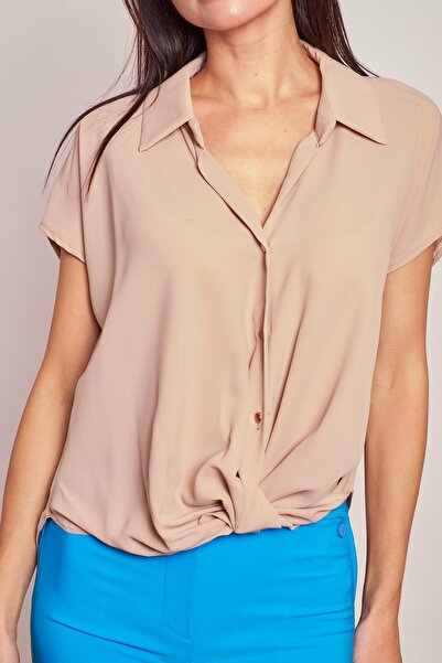 Jument Κομψό υφασμάτινο γιακά χωρίς Lycra Πλισέ πουκάμισο μπροστά από τους ώμους-Μπεζ άμμο