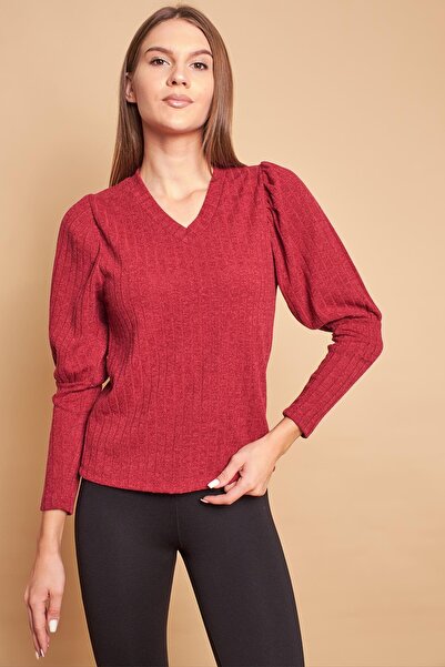 Jument V-Neck Sleeve Gathered Long Sleeve Light Flexible Knitwear Blouse-Burgundy