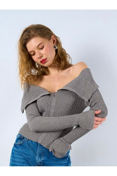 D'RECCY Women's Open Shoulder Buttoned Sweater