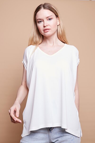 Jument ελαστικό ύφασμα Κρεπ ύφασμα με λαιμόκοψη σε σχήμα V Casual Side άνοιγμα oversized Μπλούζα-Κρέμα