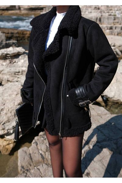 İLKCET MODA Palton supradimensionat din piele intoarsa importata cu acoperire moale