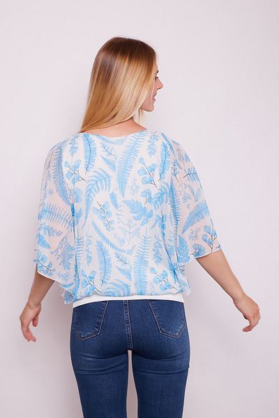 Jument Bluză cu mânecă liliac și gât cu barcă și cu modele - Floral albastru
