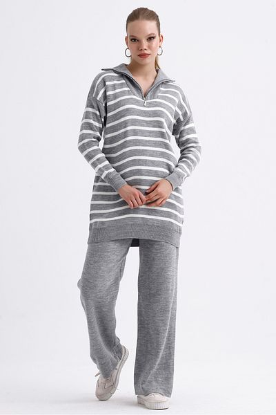 MD trend Women's Zippered Collar Striped Oversize Sweater and Trousers Double Knitwear Set