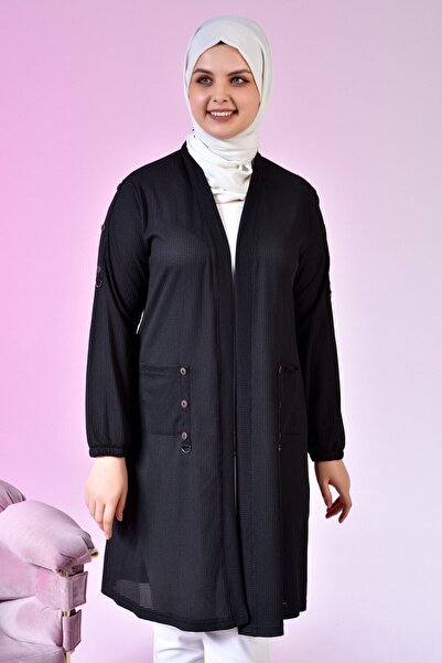 Ferace Women's Large Size Honeycomb Fabric Long Cardigan Black