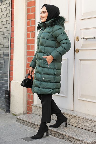 Neva Style Jachetă pufă Hijab verde închis cu glugă 9781KY