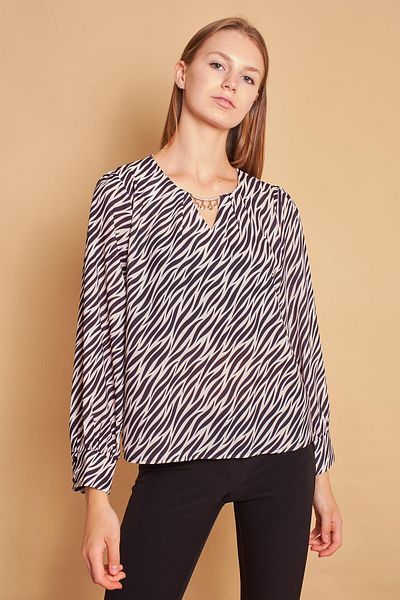 Jument Cu model, decolteu larg, pliat, accesorizat, mânecă lungă, fără lycra, țesătură de cămașă elegantă, cu croiala relaxată, bluză-zebră
