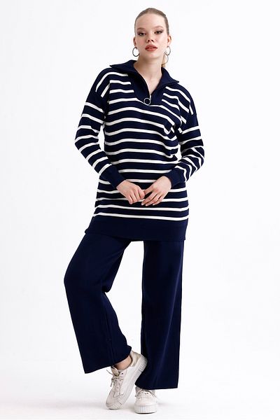 MD trend Women's Zippered Collar Striped Oversize Sweater and Trousers Double Knitwear Set