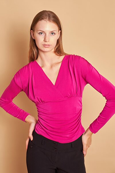 Jument Μπλούζα-Ματζέντα με μακρυμάνικο σώμα με τυλιγμένο ύφασμα κρεπ Lycra