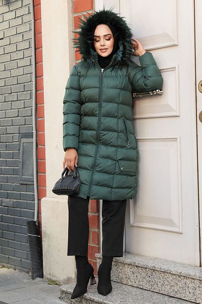 Neva Style Jachetă pufă Hijab verde închis cu glugă 9781KY