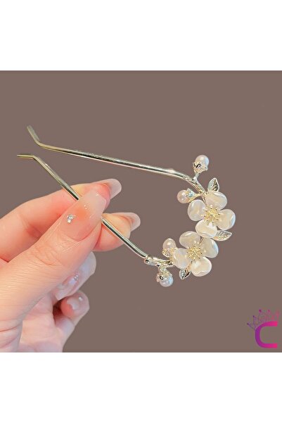 Cinderella Kamelya Çiçeği Tasarım Metal Saç Topuz Tokası 11cm Gold - Vintage Style Kadın Çubuk Topuz Tokası