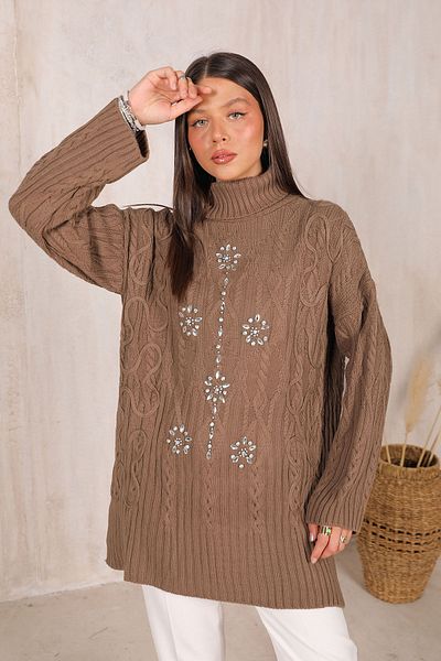 Melike Tatar Milky Brown Stoned Knitwear Sweater 32-7003
