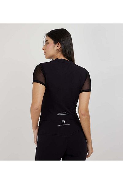 F5 Cropped Mesh Sleeve T-Shirt For Women