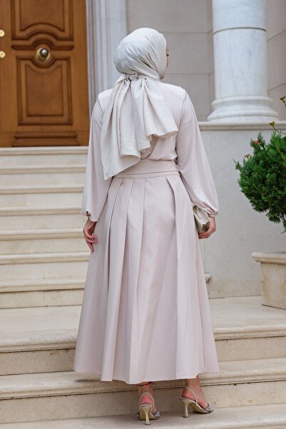 LOCCO Stone Colored Women's Pleated Skirt - Waist Tied