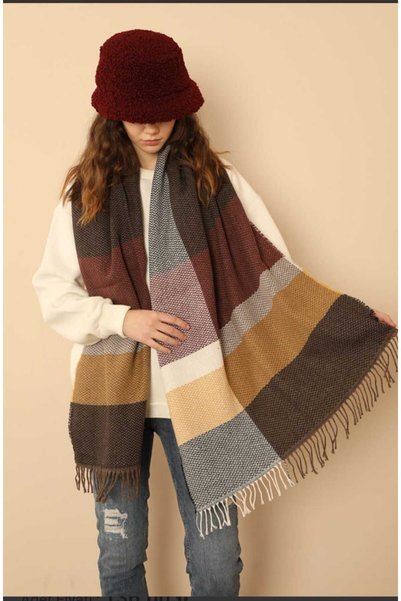 Yağmur Shawl Scarf Thick Soft Lumberjack Fabric Herringbone Patterned Milky Brown Tones Valentine's Day