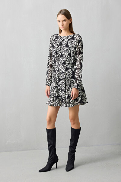 Jus De Pommes SİYAH BEYAZ KALP DESENLİ VOLANLI MİNİ ELBİSE