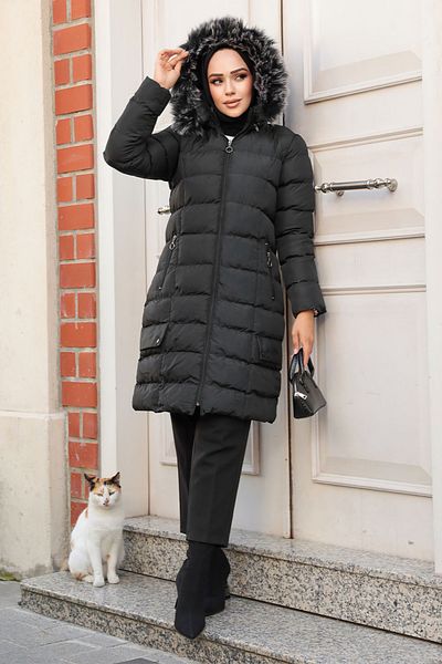Neva Style Jachetă pufă Hijab neagră cu glugă 9781S