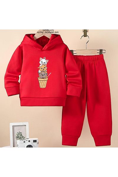 BENROMA Unisex Children's Tracksuit Set - Cat Printed, Oversize Fit