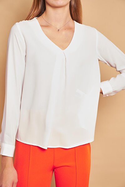 Jument Μακρυμάνικο γιακά με λαιμόκοψη χωρίς Lycra Κομψό πουκάμισο ύφασμα μπλούζα-κρέμα με άνετη εφαρμογή