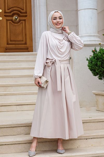 LOCCO Stone Colored Women's Pleated Skirt - Waist Tied