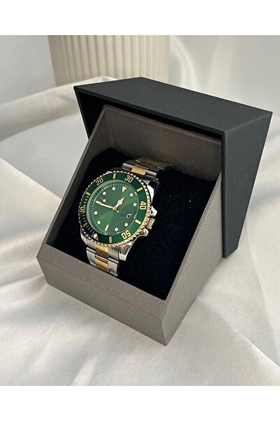 ÇENÇEN Erkek Çelik Gold Gümüş Renk Kordon Yeşil Kadran Takvimli Ekran Kol Saati