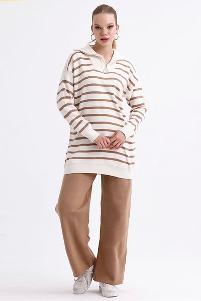 MD trend Women's Zippered Collar Striped Oversize Sweater and Trousers Double Knitwear Set