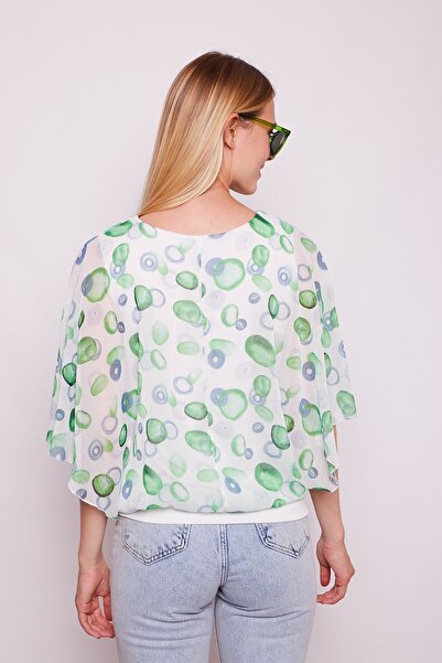 Jument Μπλούζα με λεπτομέρεια από σιφόν με λαιμόκοψη και μανίκια με λαβή - Πράσινο σχέδιο