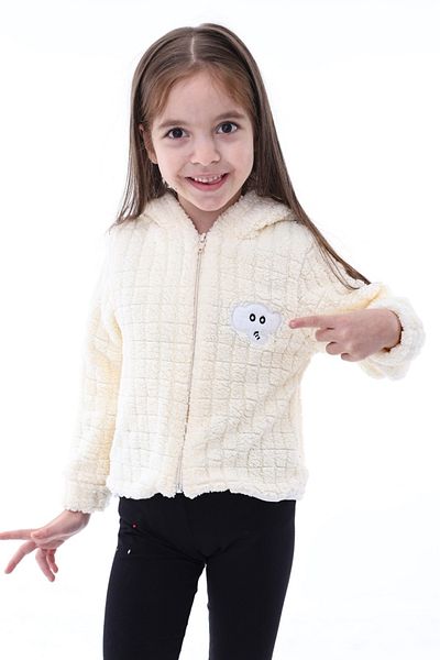 aden kids Ecru Unisex Children's Plush Cardigan - Checkered Pattern, Lining Detailed, 1-5 Years, Winter
