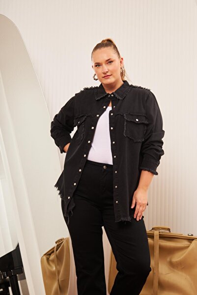 RMG Büyük Beden Denim Gömlek Füme