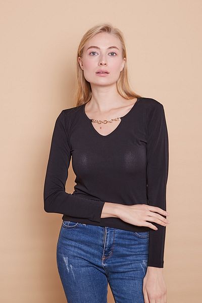 Jument Μακρυμάνικη μπλούζα Lycra Body με κρεπ υφασμάτινο γιακά αξεσουάρ-μαύρο