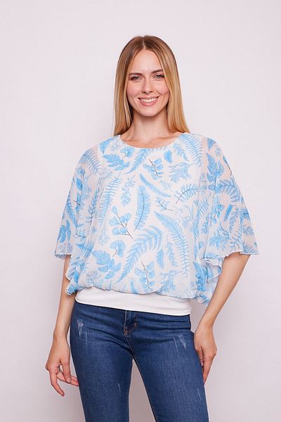 Jument Bluză cu mânecă liliac și gât cu barcă și cu modele - Floral albastru
