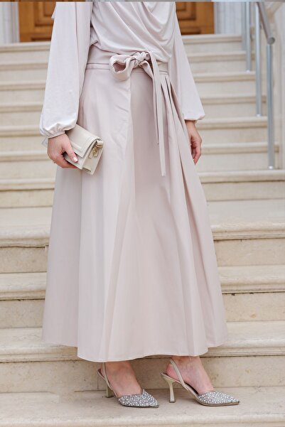 LOCCO Stone Colored Women's Pleated Skirt - Waist Tied