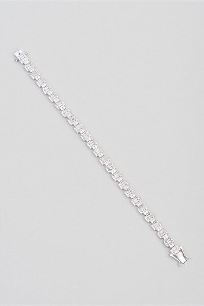 So CHIC... Baget Taşlı 18 Ayar Beyaz Altın Kaplama 17 Cm Gümüş Bileklik