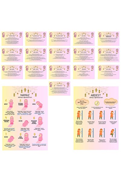 HOBİREYON Çocuklar İçin Namaz ve Abdest Posterleri, Sure ve Dua Ezber Kartları (Kız)