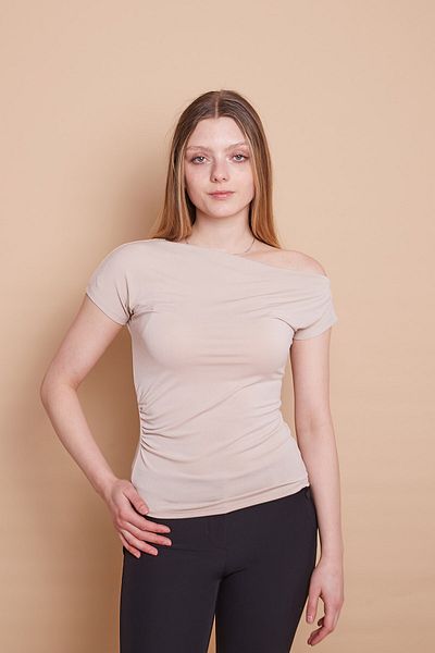 Jument Lycra Crepe Fabric Boat Neck Off Shoulder Κομψή μπλούζα-μπεζ